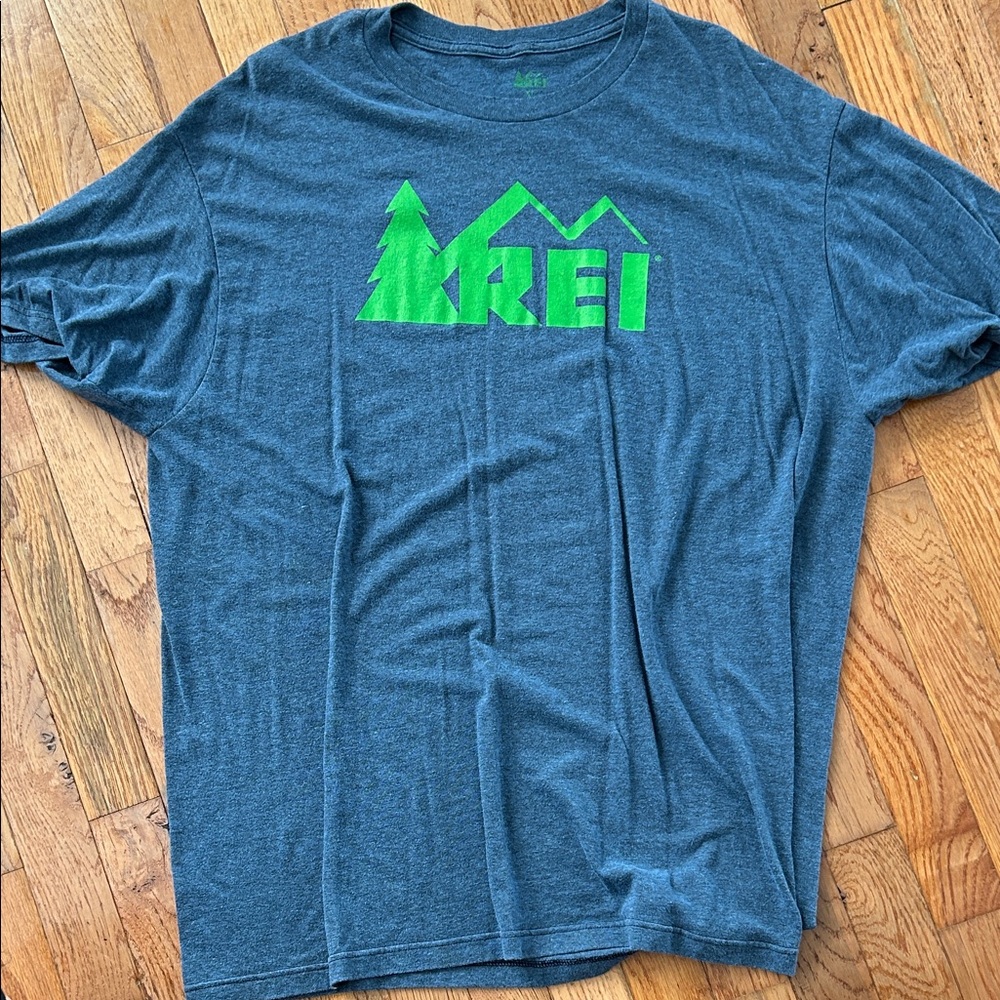REI Heather Blue Tee with Bright Green Graphic